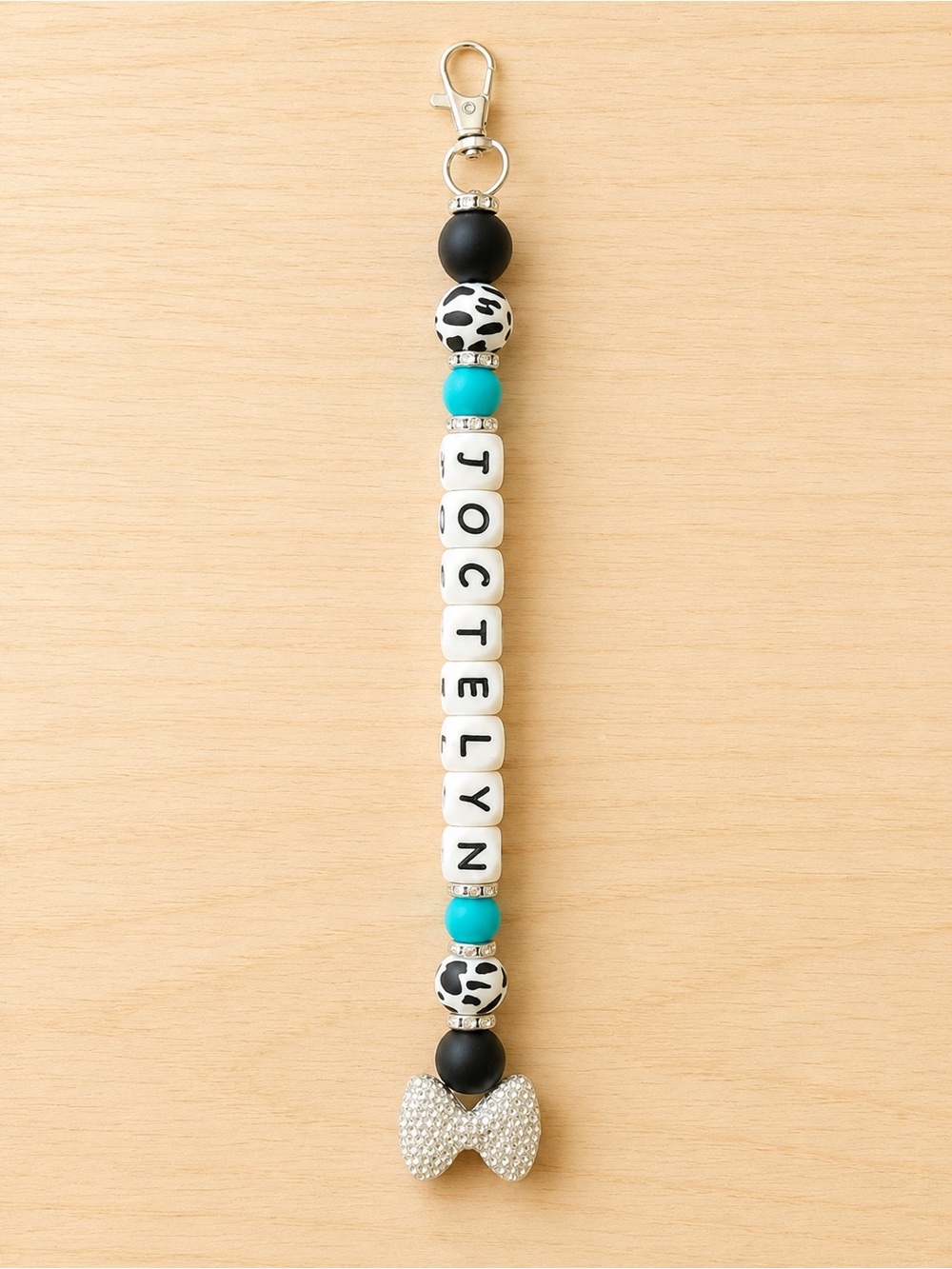Personalized Beaded Keychain with Cow Print, Turquoise & Black Accents